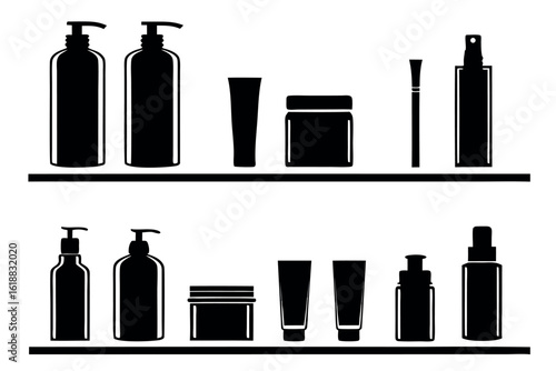 Black silhouette cosmetic bottles and jars on shelves