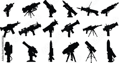 Vector silhouette set of military heavy weapons and launchers, including machine guns, rocket launchers, and mounted firearms. Ideal for tactical, army, and gaming design projects.