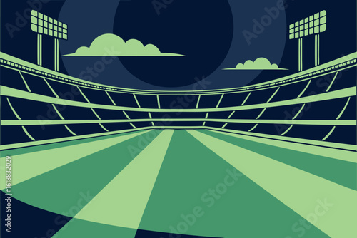Green and dark blue stadium with floodlights and clouds