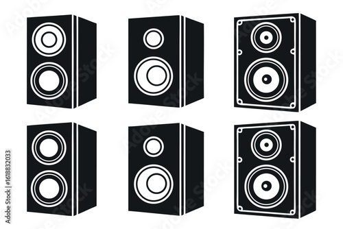 Six black stereo speakers on white background sound