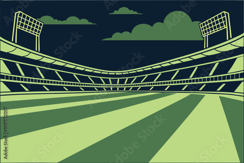 Sports stadium with floodlights and green field arena