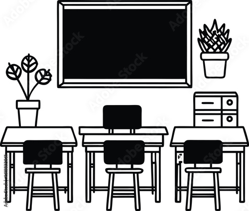 classroom with student desks plants and blackboard