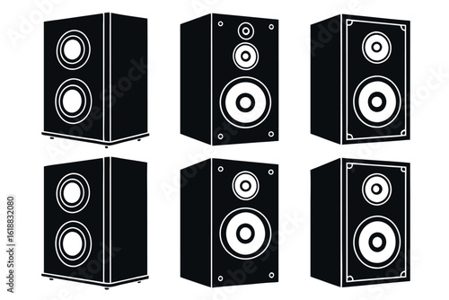 Six black stereo speakers with white accents on white background