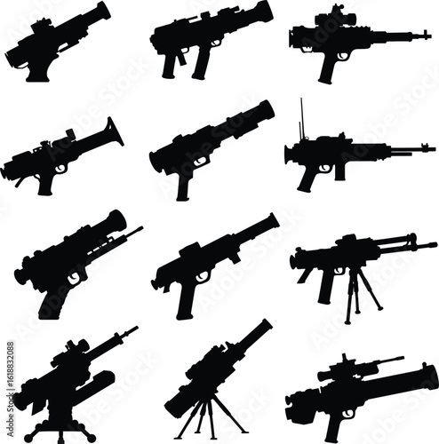 Vector silhouette set of military heavy weapons and launchers, including machine guns, rocket launchers, and mounted firearms. Ideal for tactical, army, and gaming design projects.