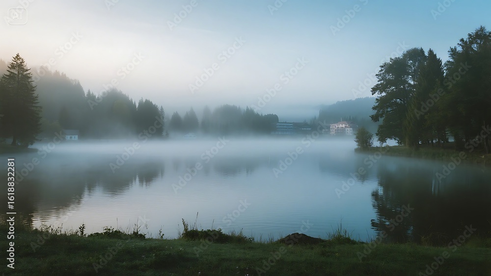 Fototapeta premium A serene lake reflects the misty landscape under a soft, tranquil morning light