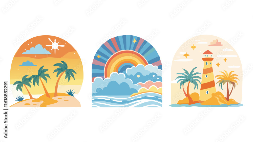 Obraz premium Tropical beach sunset with palm trees rainbow and lighthouse scenes