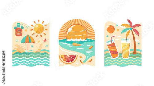 Tropical summer beach scenes with sun drinks and palm trees