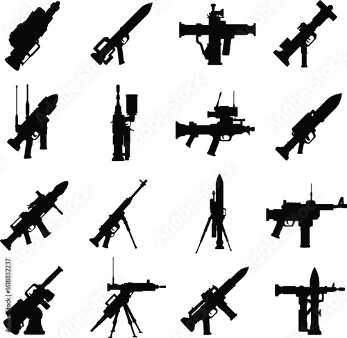 Vector silhouette set of military heavy weapons and launchers, including machine guns, rocket launchers, and mounted firearms. Ideal for tactical, army, and gaming design projects.