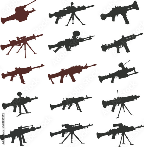 Vector silhouette set of military heavy weapons and launchers, including machine guns, rocket launchers, and mounted firearms. Ideal for tactical, army, and gaming design projects.