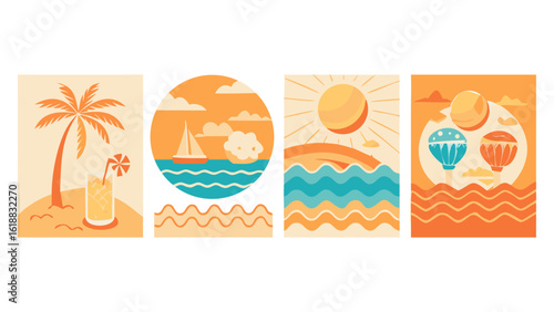Retro summer beach scenes with palm tree sailboat sun and hot air balloons