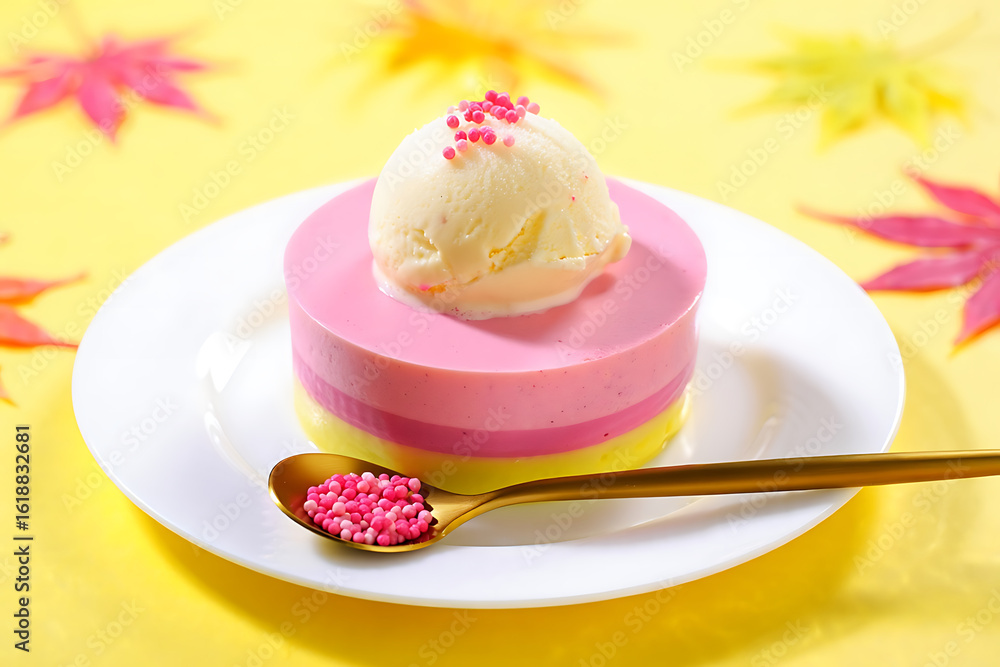 A whimsical layered dessert topped with ice cream and pink sprinkles autumn leaves and a golden A whimsical layered dessert topped with ice cream and pink sprinkles autumn leaves and a golden