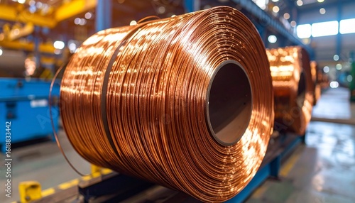 Industrial copper coil—massive roll of sheet metal tightly wound on a blue support frame inside a manufacturing facility. Gleaming surface reflects ambient light amid workshop equipment and muted tone