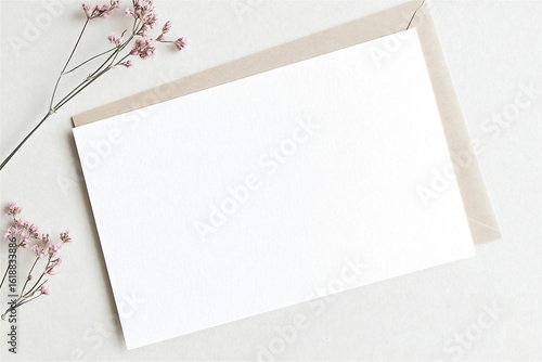 Blank postcard mockup with envelope on beige background with gypsophila flowers.