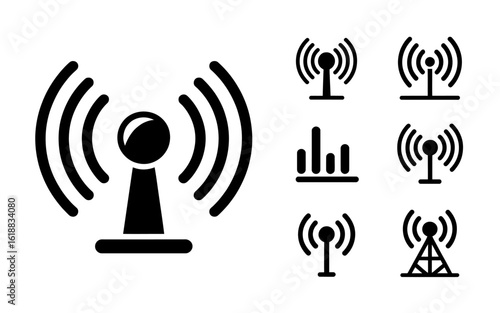 Black and white communication signal icons depicting wireless transmission and connectivity for various technologies networks and digital devices