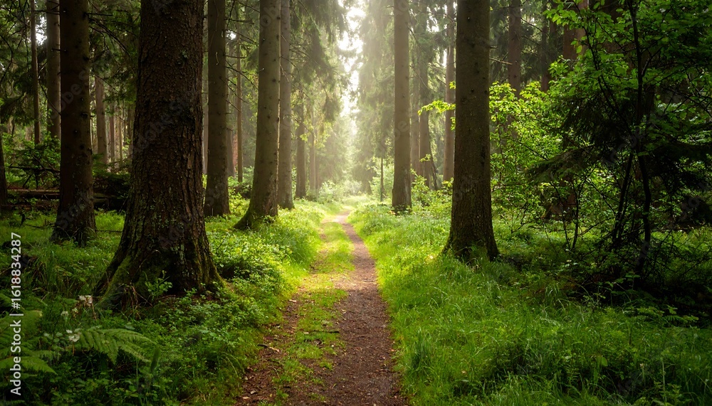 Obraz premium Sunlight path through a dense forest