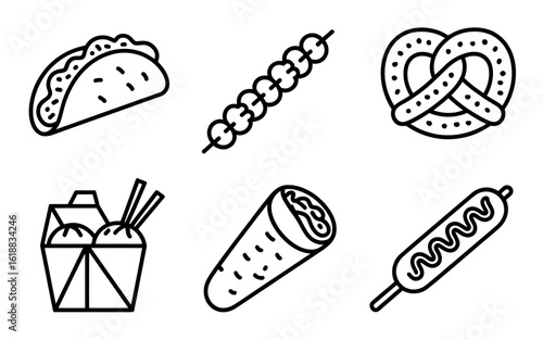 Iconic Fast Food Collection Minimalist Black and White Line Art Featuring Taco Skewer Pretzel Takeout Burrito and Corn Dog