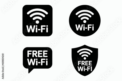 Collection of wifi and free wifi icons in various shapes for connection and access points worldwide