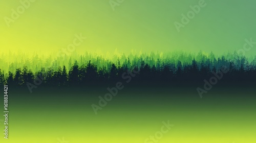 Forest at dawn, painted in soft color gradients