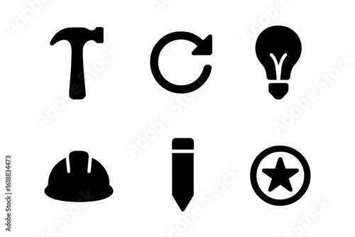 Construction and idea icons: hammer, hard hat, light bulb, refresh, pencil, star