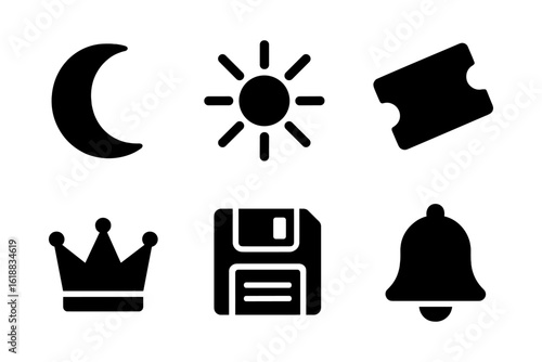 Bold black silhouette icons: moon, sun, ticket, crown, floppy disk, bell