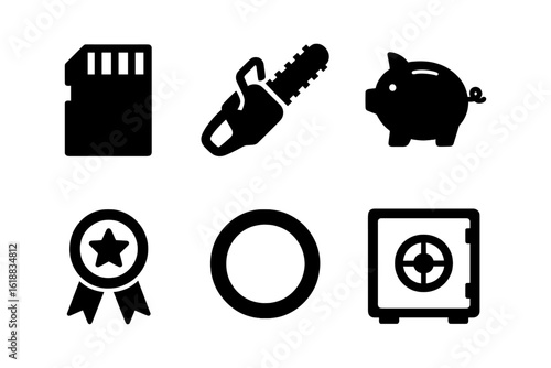 Icon set featuring memory card, chainsaw, piggy bank, award, and safe