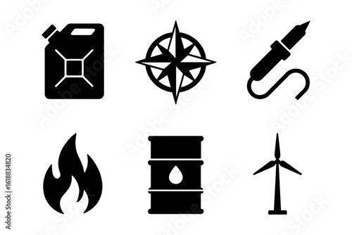 Energy and navigation icons: silhouettes of fuel, compass, and renewable elements