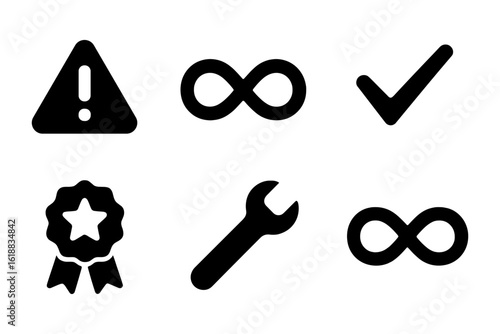 Bold icon set featuring warning, infinity, checkmark, star, wrench, and infinite loop