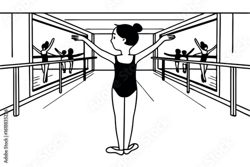 Graceful ballerina at studio vector art, elegant dance training illustration

