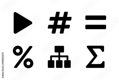 Minimalistic black icons collection: play, hash, equals, percent, balance, arrow