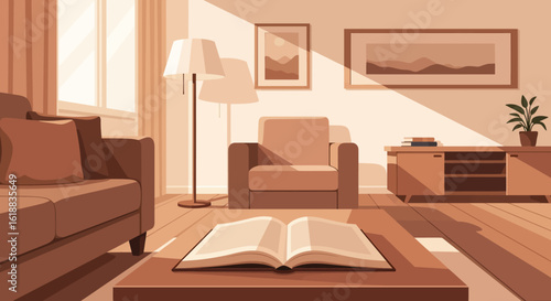 Warm-Toned Living Room Interior with Open Book and Sunlight Streaming Through Window