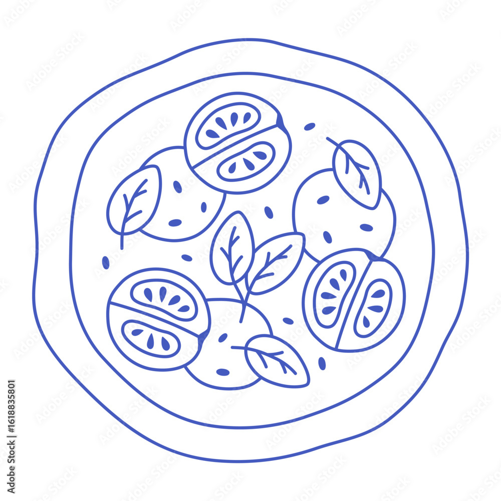 Fototapeta premium Italian pizza margherita with basil, tomatoes and mozzarella, top view line art. Tasty hand drawn pizza outline sticker. Vector illustration in trendy flat style