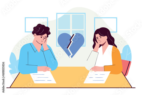 Couple formally ending marriage, signing signing separation documents, vector illustration

