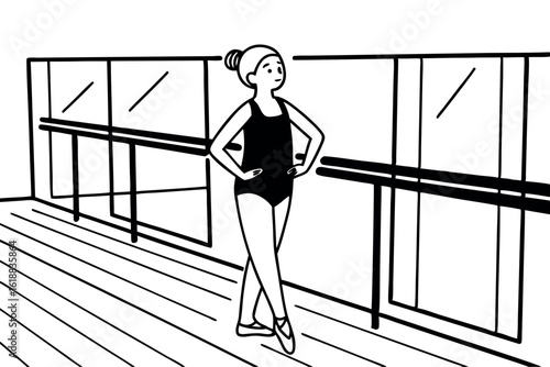 Elegant ballet dancer practicing at barre in studio, dance studio vector art with mirror