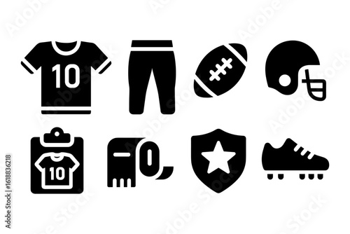 American football icon set: jersey, helmet, ball, and gear