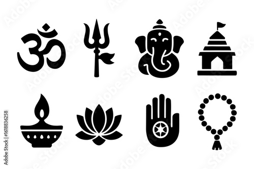 Sacred symbols: silhouette icons of hinduism and jainism for spiritual design