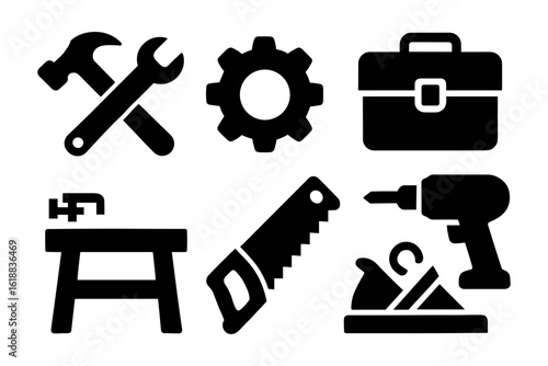 Silhouette tools set: hammer, wrench, gear, toolbox, saw, drill, plane
