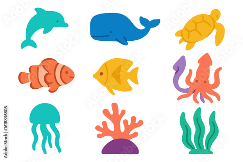 Colorful marine life collection featuring diverse aquatic animals and plants