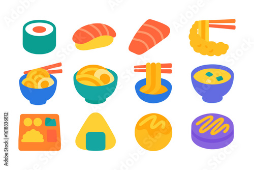 Colorful flat icons of japanese cuisine with sushi and noodles