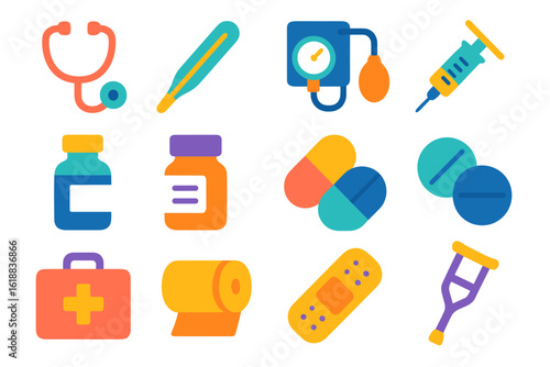Colorful medical icons set: stethoscope, syringe, pills, and more in flat style