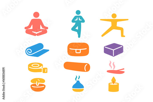 Colorful yoga icons set featuring poses and accessories in flat design style