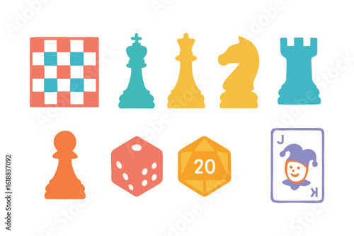 Colorful game piece icons featuring chess and dice elements