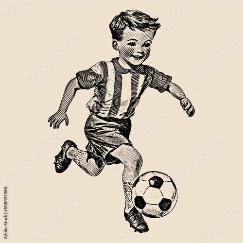 Vintage-style illustration of a smiling boy playing soccer in striped jersey and shorts.