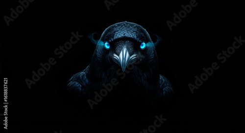 Ominous raven with glowing eyes digital art for dark fantasy illustration and wallpaper design element on dark background