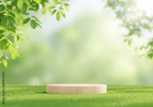 Product Podium in Lush Spring Scene: A product podium is showcased in a lush spring scene, with fresh green grass and foliage to emphasize an eco-friendly vibe for product display.