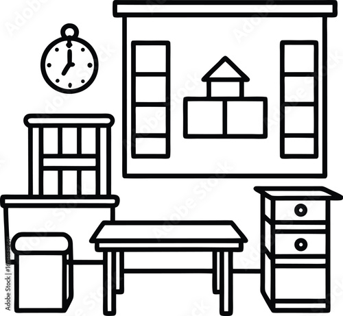 classroom with teachers desk clock and windows