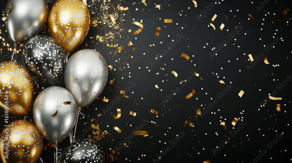 Naklejka premium golden and silver balloons with confetti on a black background
