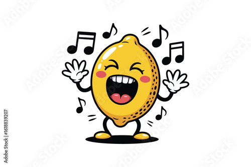 Joyful singing yellow lemon character with musical notes fruit