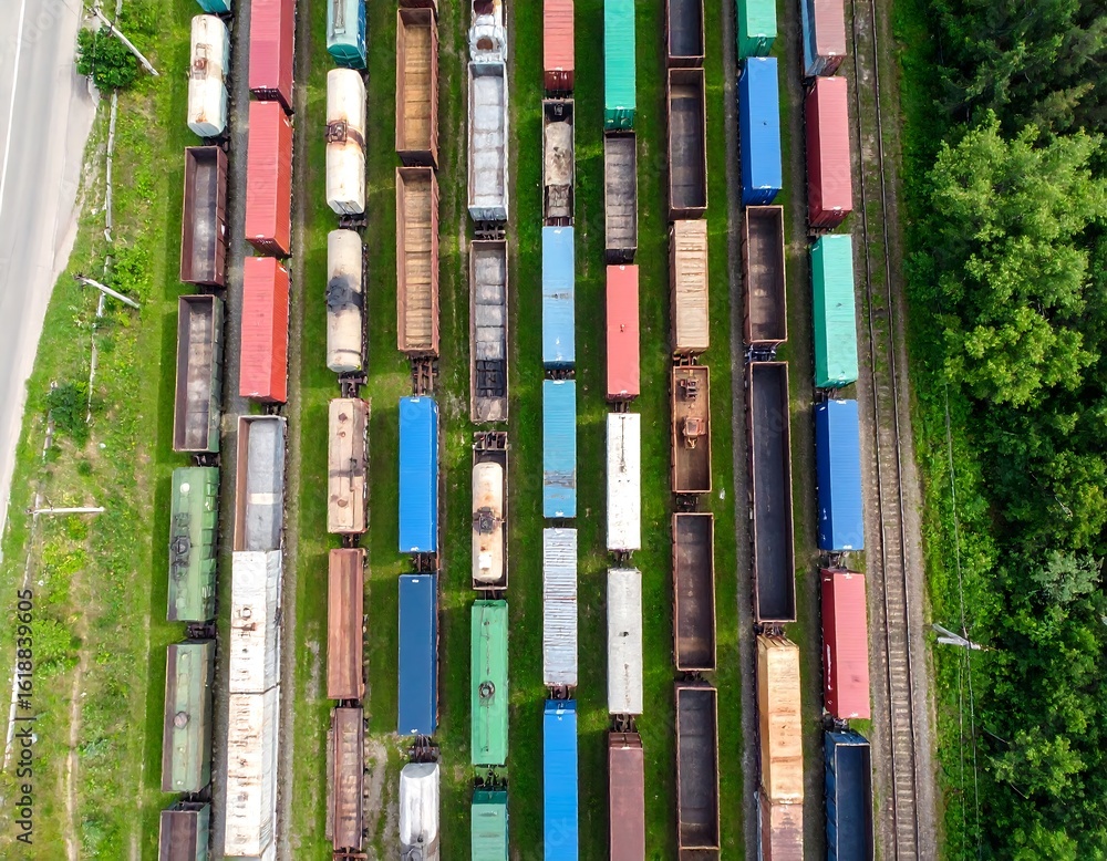 High-angle view of many train cars High-angle view of many train cars