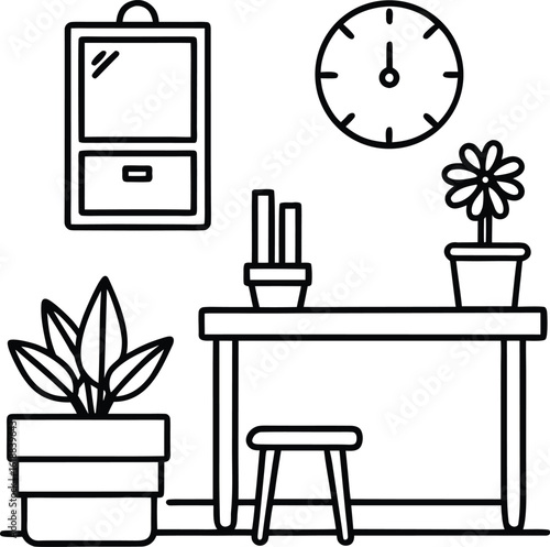 classroom with teacher's desk plants and clock