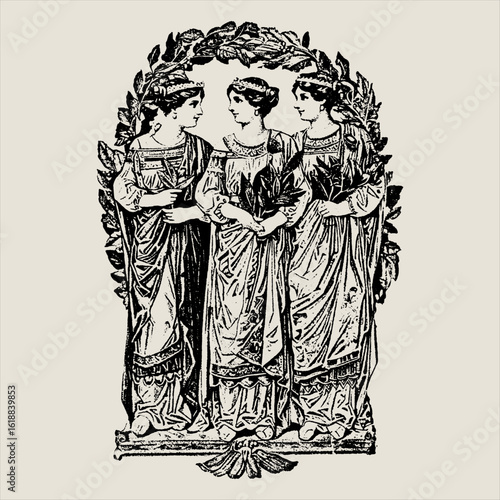 Vintage illustration of the Three Graces or Roman goddesses in a laurel wreath. Classical art from Greek or Roman mythology in an engraving style.